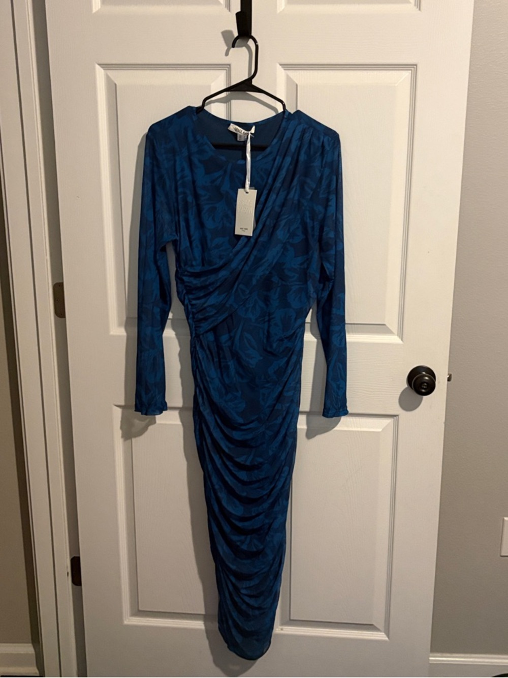 Grace Karin Teal Blue Ruched Long Sleeve Midi Dress with Leaf-Print